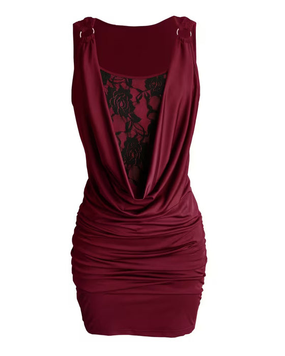 Robe Col Drapé Dentelle Bretelles Bodycon