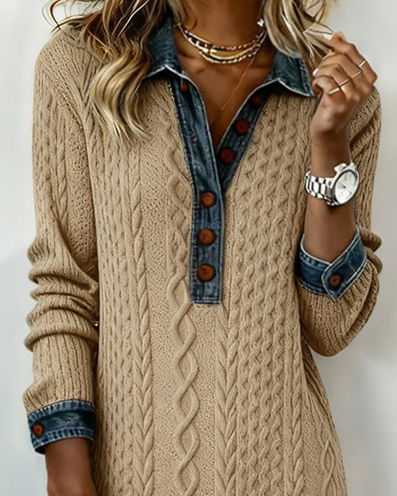 Robe À Col En Jean, Motif Torsadé Et Patchwork