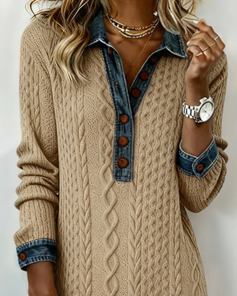 Robe À Col En Jean, Motif Torsadé Et Patchwork