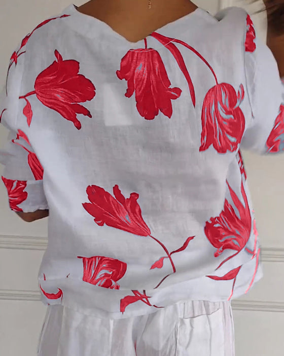 Haut boutonné en coton et lin imprimé fleuri