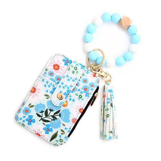 Petit Porte-Monnaie En Cuir Floral Avec Porte-Clés Et Bracelet