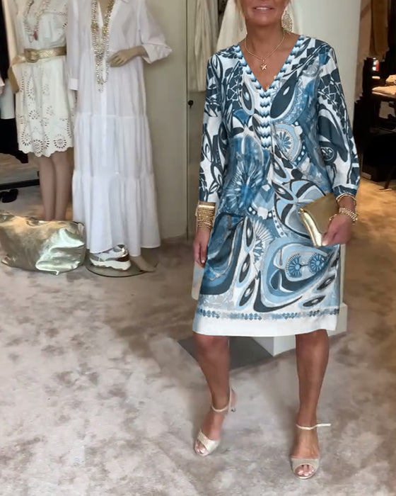 Robe décontractée à col en V et imprimé rétro