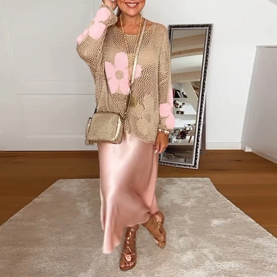 Pull creux décontracté à manches longues et col rond à fleurs