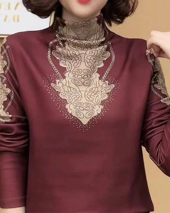 Haut Élégant Imprimé Cintré Femme Col Montant