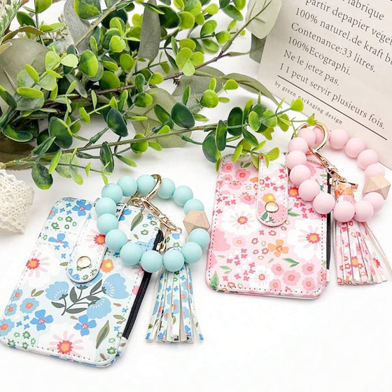 Petit Porte-Monnaie En Cuir Floral Avec Porte-Clés Et Bracelet