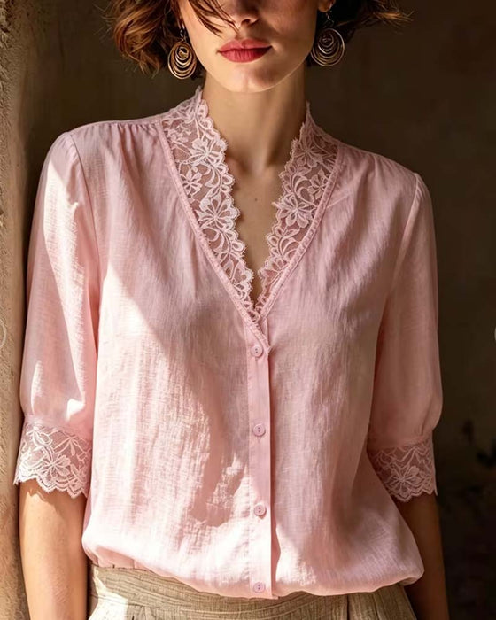Blouse Col V Dentelle Patchwork Unie Manche Trois Quarts