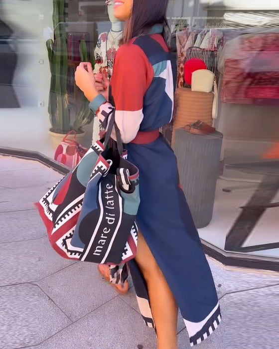 Robe décontractée à imprimé blocs de couleurs avec revers et lacets