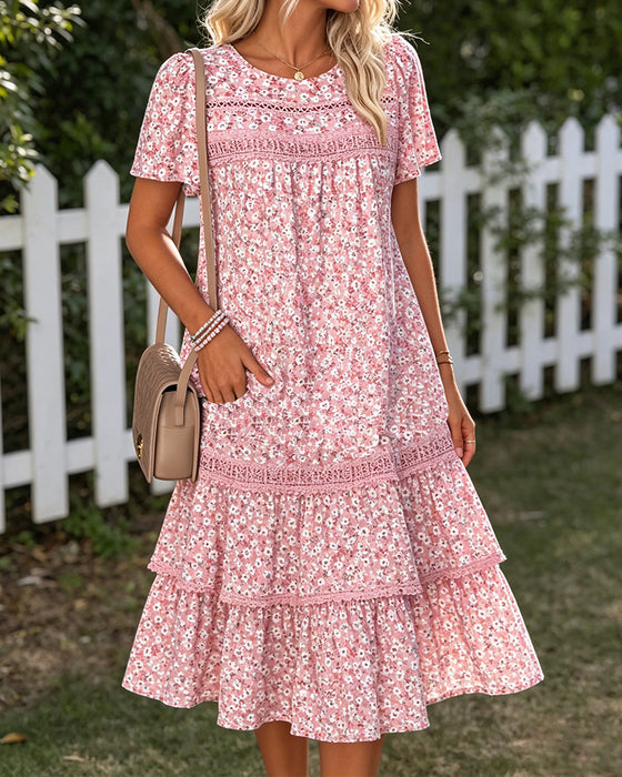Robe Col Rond Florale À Volants