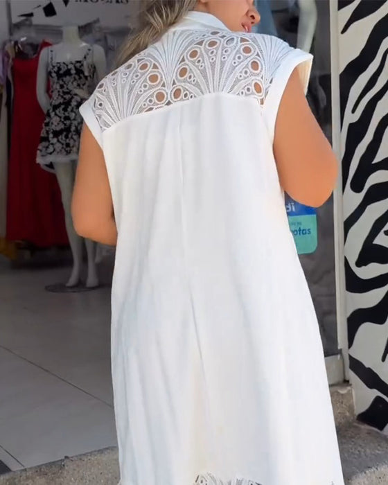 Robe Sans Manches Chemise Ourlet Dentelle Longue