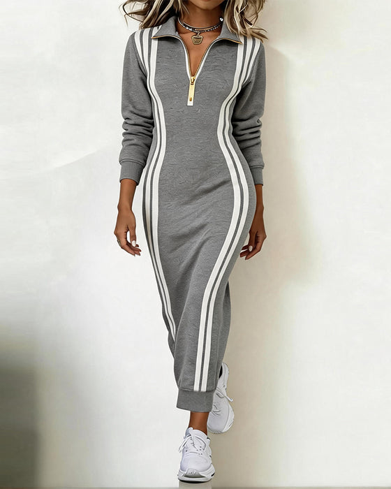 Robe Col Revers Fermeture Éclair Rayé Ajustée