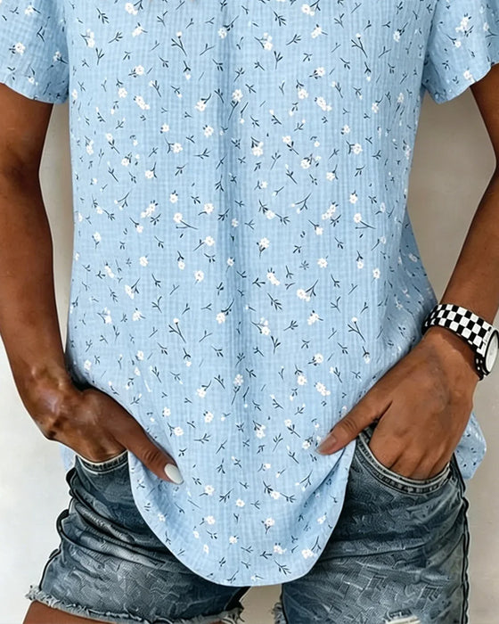 T-Shirt Col V Floral Manche Courte
