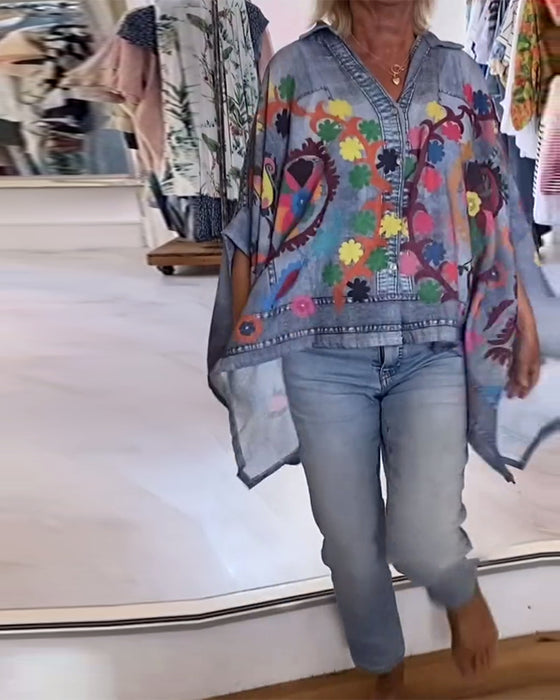 Blouse Imprimé Irrégulier Faux Denim