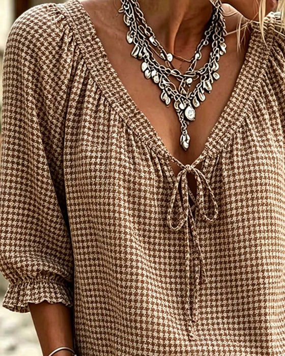 Blouse Col En V Manches Ballon Attacher Pied-De-Poule