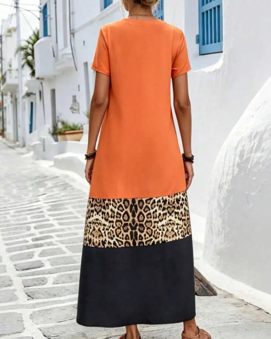 Robe Maxi Col En V Bloc De Couleur Patchwork Léopard