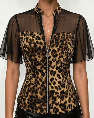 Blouse Léopard Patchwork Col Mandarine Fermeture Éclair