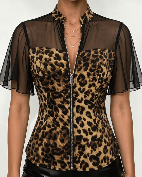 Blouse Léopard Patchwork Col Mandarine Fermeture Éclair