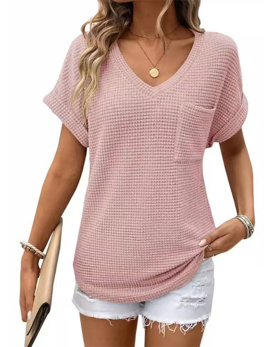 T-Shirt Femme Maille Gaufrée Col V Décontracté Été