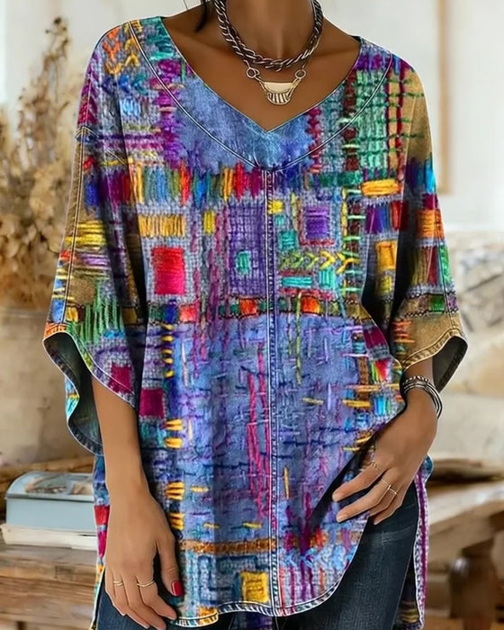 Blouse À Imprimé Géométrique Coloré Avec Manches Larges