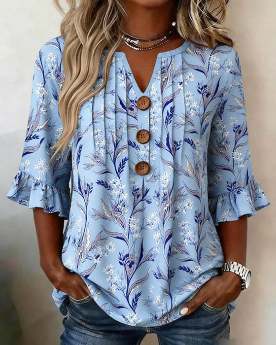 Blouse À Imprimé Botanique Et Manches À Volants