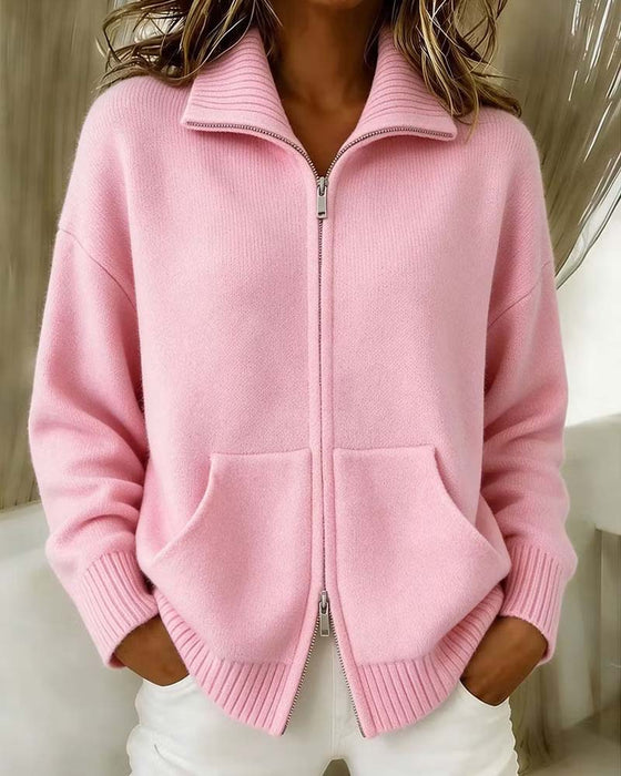 Cardigan Revers Fermeture Éclair Uni