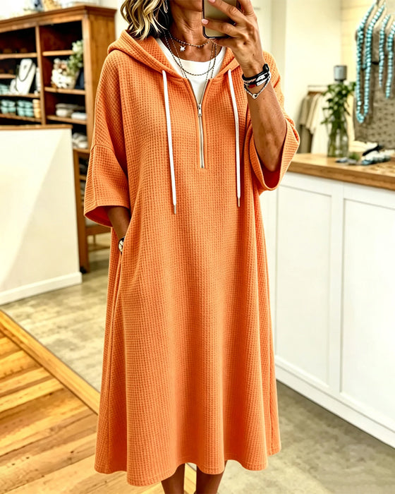 Robe Fermeture Éclair Gaufrier Capuche Manche-Trois-Quarts
