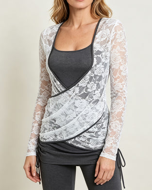 Blouse Croisé Dentelle Panneau Attacher Devant Slim