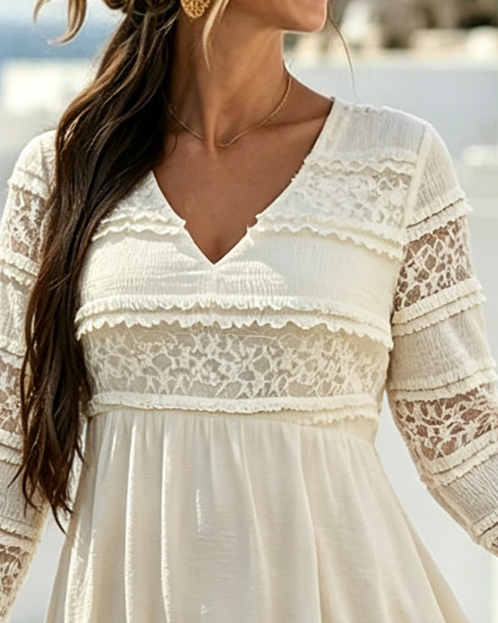Robe Unie Col V Dentelle Patchwork