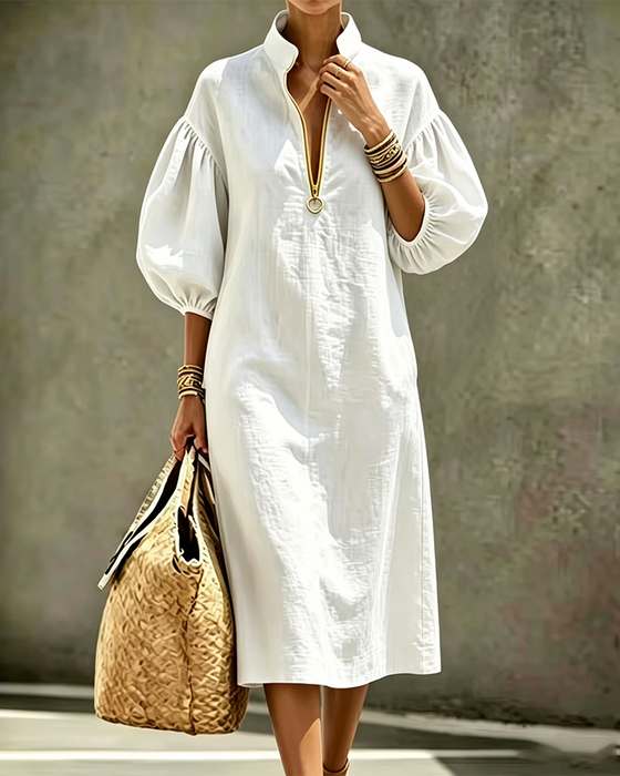 Robe Manches Lanterne Demi-Zip Chemise