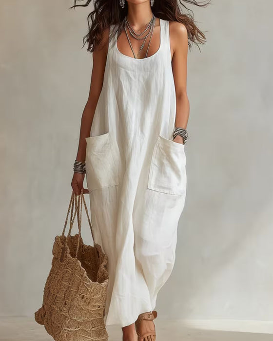 Robe Col En U Sans Manches Unie Poche
