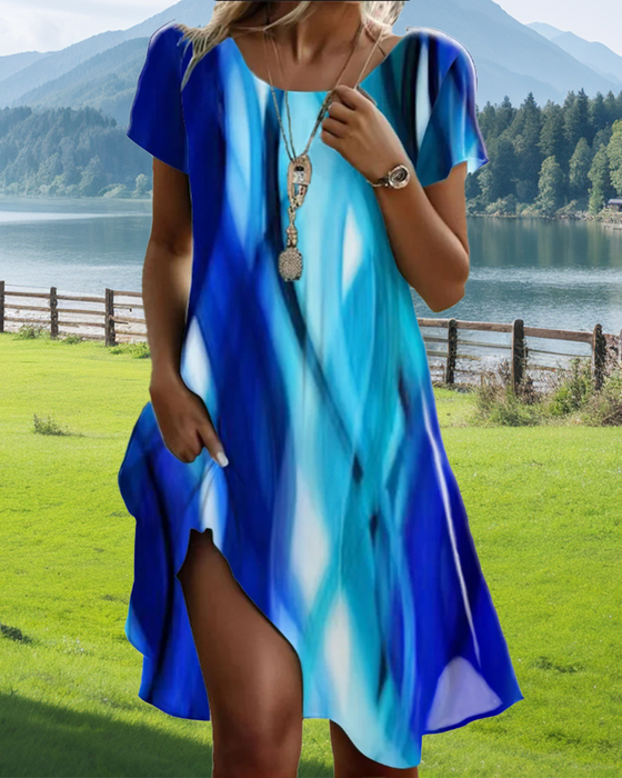 Robe Manches Bouffantes Tie-Dye Col Rond