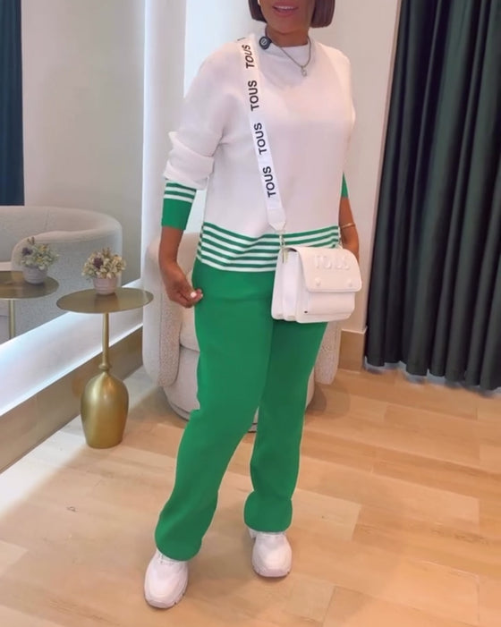 Pull Rayé Contrasté Pantalon Ensemble