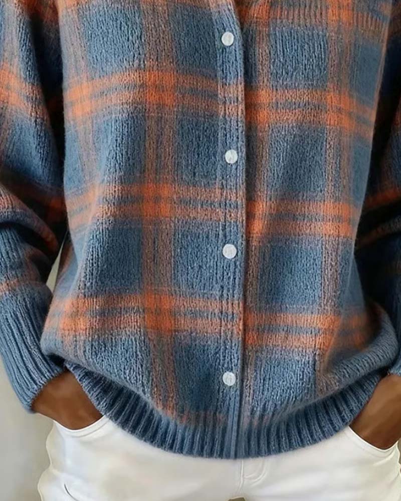 Cardigan À Carreaux Col De Chemise Boutonné