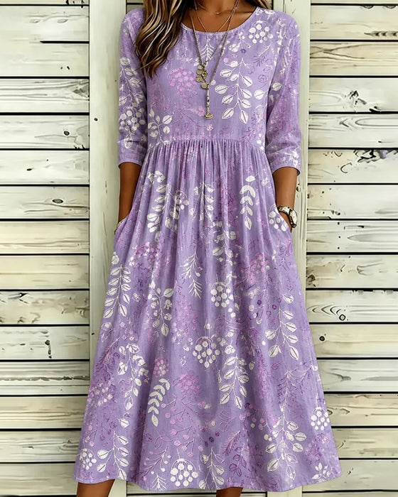 Robe Col Rond Imprimé Feuille Taille Cintrée