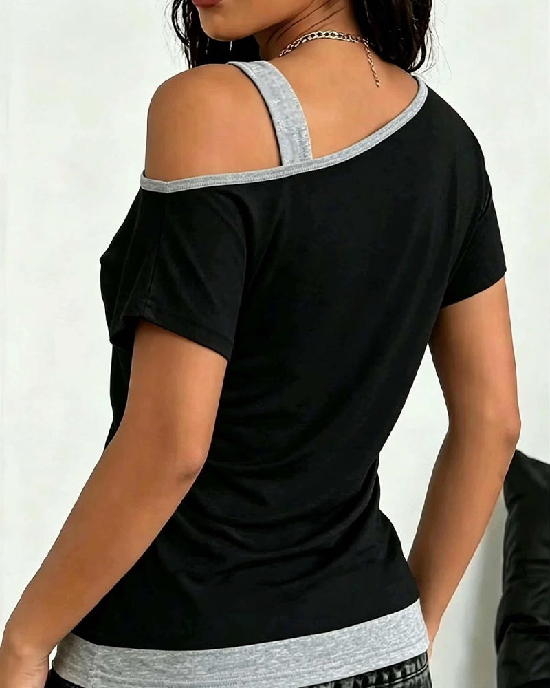 T-Shirt Une Épaule Bloc De Couleur Décontracté