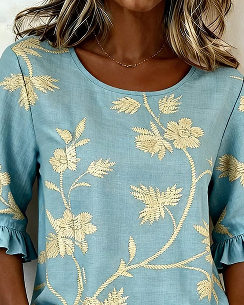 Blouse Jasmin Volant Col Rond Mi-Manche