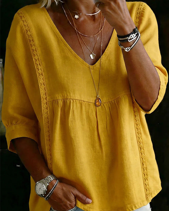Blouse Volant Garniture Col En V Manche Coude