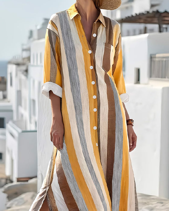 Robe Décontractée Rayée À Revers Longueur Midi