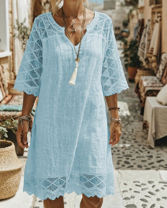 Robe Col V Dentelle Patchwork Décontractée