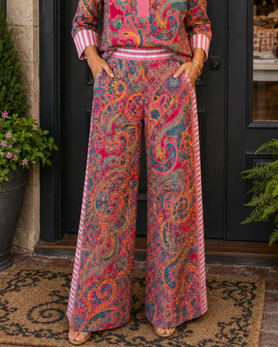 Set Revers Rayure Imprimé Chemise + Jambe Large Pantalon