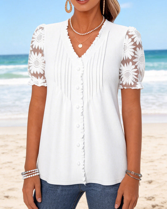 T-Shirt Col V Bouton Plissé Dentelle Patchwork