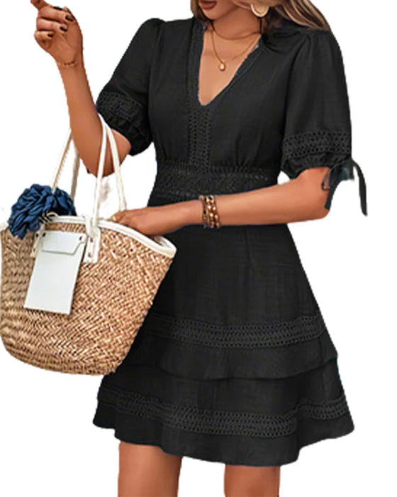 Robe Col V Superposée Unie Dentelle Patchwork