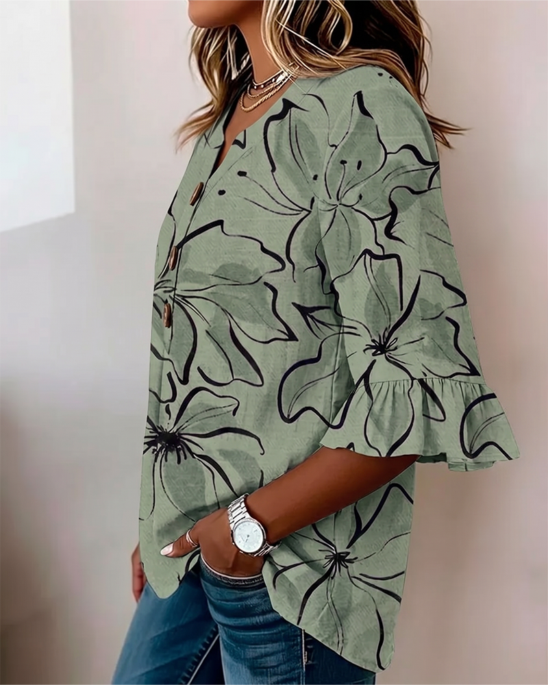 Blouse Col En V Fleuri Volant Manche 3/4