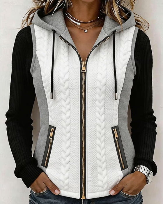 Manteau Couleur Contrastante À Capuche Fermeture Éclair