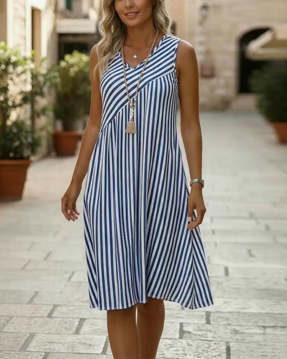 Robe Rayée Col V Sans Manches