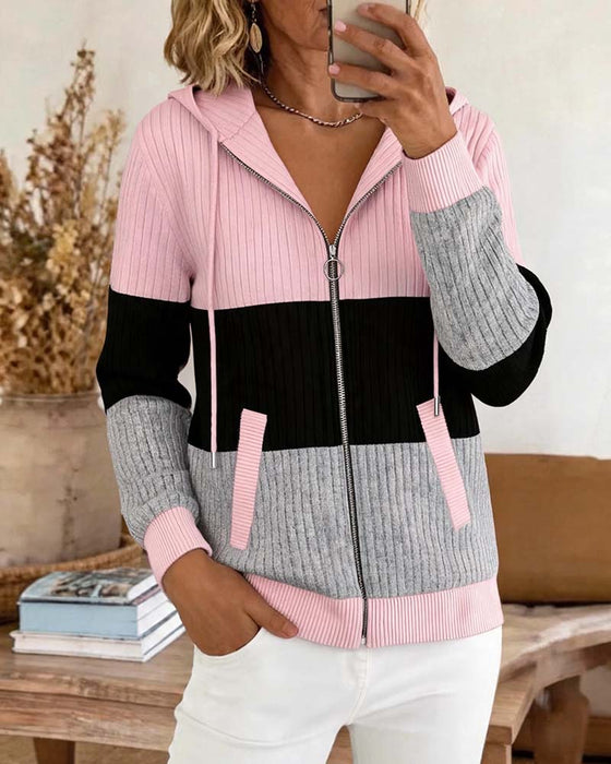 Manteau Capuche Fermeture Éclair Nervuré Bloc De Couleur