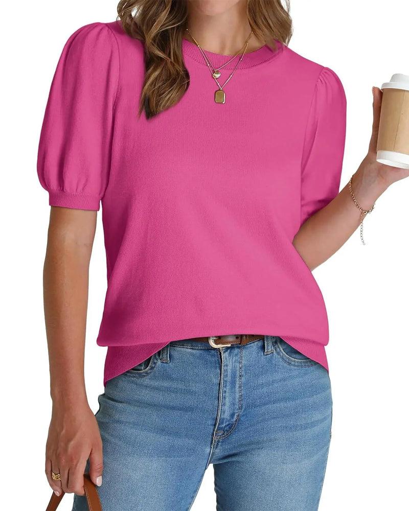 Pull-Over Manche Bouffante Tricoté Manches Courtes