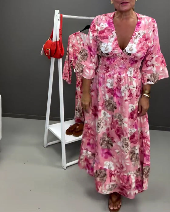 Robe Col V Profond Double Couche Volant Florale