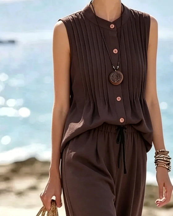 Ensemble Col Mandarine Plissée Sans Manches Large Jambe