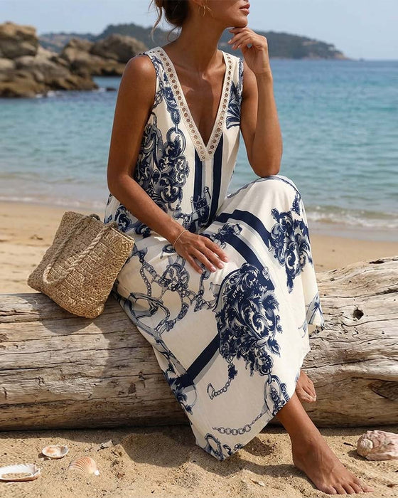 Robe Col-V Sans Manches Imprimée