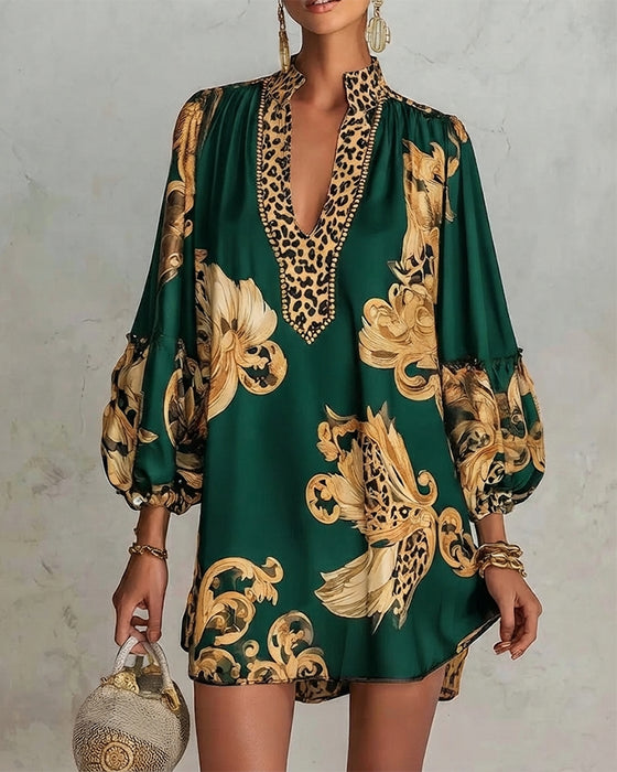 Robe Léopard Manche Lanterne Col Montant Imprimé